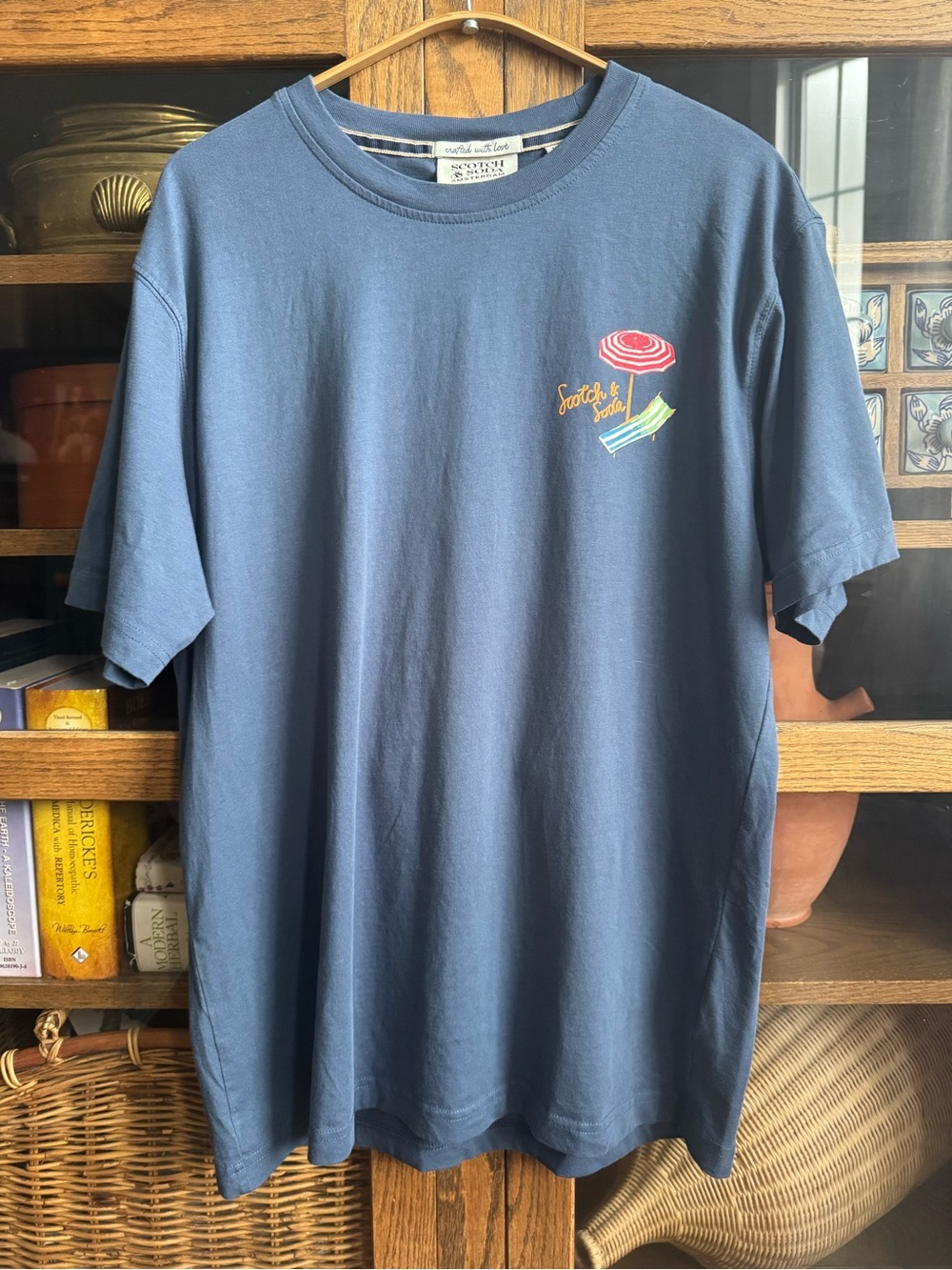 Scotch & Soda Blue Short Sleeve Tee with Small Red & Yellow Embroidered Motif
